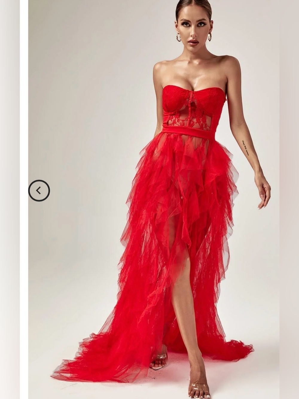 Strapless Red Lace & Ruffled Tulle Evening Dress